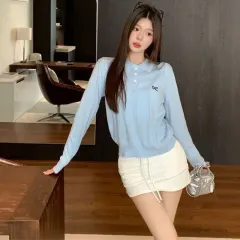 リボン刺繍ケーブルニット長袖スカイブルー