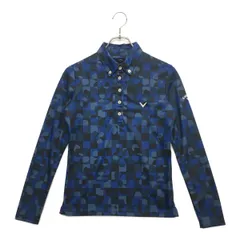 中古 レディース キャロウェイ Callaway 長袖ポロシャツ M 青系 ボタンダウン 総柄 ストレッチ