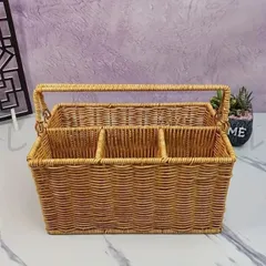 クラシック手織りツールボックス 人工ラタン バスケット多機能 PP 収納オーガナイザー ハンドルつき キッチン レストラン ピクニック ホー