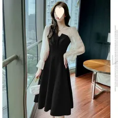 ワンピース レディース ロング丈 レース おしゃれ かわいい 長袖 Vネック チュール 切り替えワンピース ドレス ひざ丈 ハイウエスト Aライ