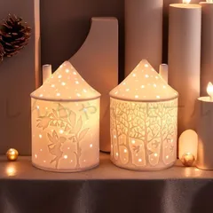 キャンドルホルダー キャンドルスタンド 白い家 ハウス 妖精柄 鳥柄 セラミック インテリア 装飾 パーティー リビング ダイニング オシャレ