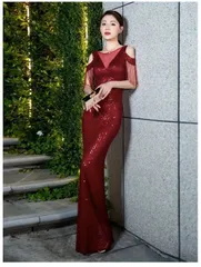 ロングドレス イブニングドレス ブルゴーニュ パーティー パーティードレス ブライダル おしゃれ 上品 エレガント カラードレス マーメイド