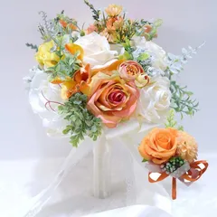 ブートニア 花嫁ブーケ バラ 薔薇の花 ウエディングブーケ ブライダルブーケ ラウンドブーケ 花束 造花 欧米風 挙式 misaki 結婚式 パーテ