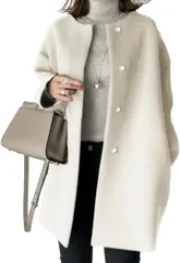 Lopis レディース コート ロングコート チェスターコート ノーカラー 大きいサイズ 無地 韓国ファッション 着心地 上品 体型カバー (ホワイト,  M)