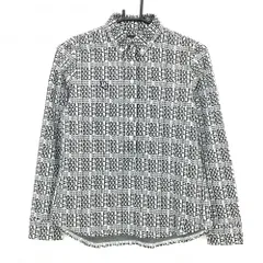 【超美品】パーリーゲイツ 長袖ポロシャツ 白×ダークネイビー系 英字総柄 ボタンダウン レディース 0(S) ゴルフウェア PEARLY GATES
