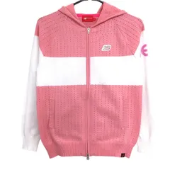 【超美品】ニューバランスゴルフ ニットジップパーカー ピンク×白 透かし編み ロゴラメ  レディース 1(M) ゴルフウェア New Balance