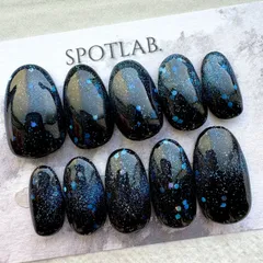 現品ネイルチップ　レギュラーオーバル　ネイビー　マグネット　グラデーション　シンプル　ブルー　青