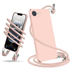 新品 iPhone 16e 用 ケース ショルダー シリコン 液体シリコン スマホケース アイフォン 16e カバー 耐衝撃 肩掛け 斜めかけ 縄掛けケース 薄型 軽量 紐付き 斜めがけ 織りストラップ付き ネックストラップ 長さ調整可能 取り外し可能(ピンク