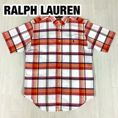 【美品】RALPH LAUREN ラルフローレン ボタンダウン 半袖シャツ M マドラスチェック メガパターン メガチェック 胸ポケット 刺繍ポニー  ホワイト&オレンジ 着丈82cm 肩幅49cm 身幅(脇下)57cm 袖丈27cm Lサイズ相当【古着】