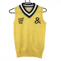 【美品】アンパスィ ニットベスト イエロー×ネイビー 襟元ケーブル編み ウール混  レディース M ゴルフウェア and per se