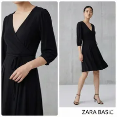 ZARA BASIC【M】ドレスワンピース ブラック Vネック 七分袖 伸縮 M