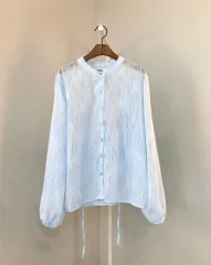 夏 長袖 シースルー ブルー シフォン シースルー ボタン ノーカラー ブラウス