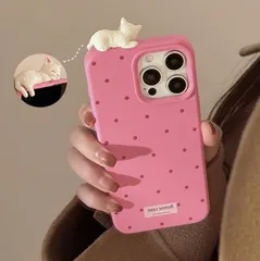 ぷっくり立体ねこ スマホケース 可愛い 猫 ドット柄 iPhone対応 ソフトケース （ローズピンク）bu1