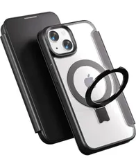★【Magsafe対応 多機能スタンド】smhokesu iPhone 15ケース 手帳型 MagSafe充電 リング カード収納 マグネット式 背面透明 カメラ保護カバー一体型 耐衝撃 全面保護 マットブラック