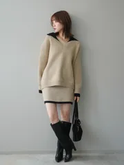 配色襟ニットミニスカート セットアップ　lumier リュミエ　同型　ベージュ