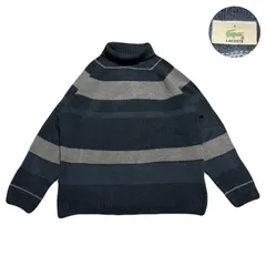 LACOSTE ラコステ Knit ニット セーター Turtleneck タートルネック EmbroideredLogo 刺繍ロゴ BorderPattern ボーダー柄 Wool ウール Acrylic アクリル Navy ネイビー 紺 L相当