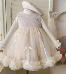 キッズ 秋冬 2点セット 裏起毛トップス＋チュールワンピ リボン 女の子（ベージュ） bu1