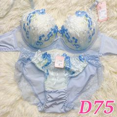 ブラショーツセット D75 刺繍 花 キュート セクシー ブルー 9049m