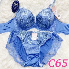 ブラショーツセット C65 脇高ブラ  豪華刺繍 花柄 レース 高級感  ブルー  大人可愛い フルバック ランジェリー 下着セット