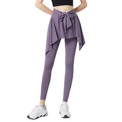 【女性用】スポーツトラウザー 見せ二重デザイン ハイウエスト ヨガパンツ 速乾 スキニー ヒップアップ ランニングパンツ パープル