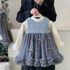 キッズ 秋冬 2点セット 裏起毛トップス＋チュールワンピ リボン 女の子（グレー） bu1