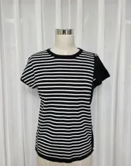 新)44-66 ボーダー柄 ボタン レディース 半袖 ニット トップス カジュアル デイリー ファッション