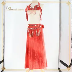 ベリーダンス オリエンタル 衣装 上下セット レッド系 トップス スカート アーム 飾り 赤 ラインストーン ビーズ 花 フリンジ キラキラ ステージ イベント 鮮やか 華やか かわいい スリット ダンス衣装