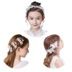 【新着商品】リボン リボン ホワイト 花冠 花かんむり カチューシ クリスタルビーズ ャ子供 パール 結婚式 ヘアアクセサリー ヘアピン 写真撮影 蝶結び 発表会 蝶 パーティー ダンス 髪飾り 和装 サムコス (3点セット)