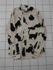 ◇ ⊇ チャオ CIAO 猫柄長袖シャツ 綿麻混 ベージュ系 メンズ Mサイズ E  【1512220069068】