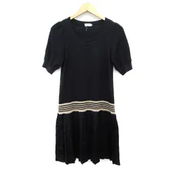 アナトリエ ANATELIER ワンピース プリーツ ロング 切替 ニット ボーダー 柄 五分袖 丸首 ウール混 38 ブラック 黒 /HT19