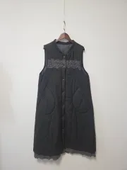 レース装飾 キルティング ロング ベスト ブラック