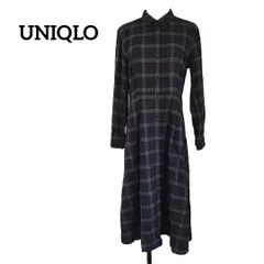 UNIQLO ユニクロ フランネル ネルシャツ Aライン ワンピース ロング 長袖 ネイビー Mサイズ