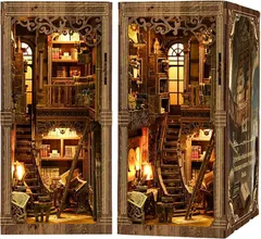 MARUHADO ブックヌック キット ドールハウス ミニチュア LEDライト付き 立体パズル 木製 ウッドパズル 本棚 DIY 手作り (街角の古書店)