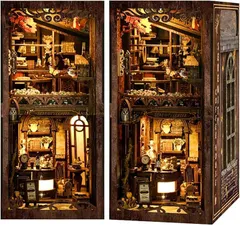 MARUHADO ブックヌック キット ドールハウス ミニチュア LEDライト付き 立体パズル 木製 ウッドパズル 本棚 DIY 手作り (路地裏のカフェ)
