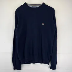 古着 トミーヒルフィガー TOMMY HILFIGER ニット 大きいサイズ セーター プルオーバー クルーネック ワンポイント XL  ネイビー メンズ