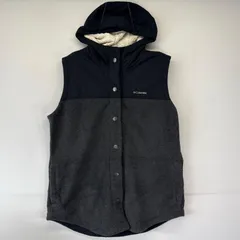 古着 コロンビア Columbia ベスト アウトドア ワンポイントロゴ刺繍 フード フリース ナイロン切り替え XL  ブラック レディース