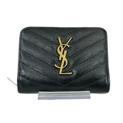 【人気・美品】Yves Saint Laurent イヴ サンローラン キャビアスキン カサンドラ コンパクト ウォレット 財布 ラウンドジップ ラウンドファスナー ゴールド金具 403723 ブラック レディース メンズ YSL Vステッチ キルティング