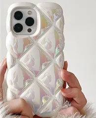 Liberte555 スマホケース iphone キルティング ぽこぽこ ギャル 女子高校生 韓国 可愛い (オーロラホワイト,  14 PRO MAX)