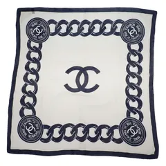 シャネル CHANEL 大判 ヴィンテージチェーン柄 スカーフ シルク ホワイト ネイビー レディース 人気 ファッション ギフト【中古】【Bランク】