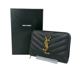 【人気・美品】Yves Saint Laurent イヴ サンローラン キャビアスキン カサンドラ コンパクト ウォレット 財布 ラウンドジップ ラウンドファスナー ゴールド金具 403723 ブラック YSL Vステッチ キルティング 箱付き