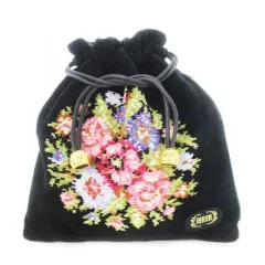 フェイラー FEILER 巾着 ポーチ シュニール織り パイル 花柄 ブーケ ロゴ 黒 ブラック /CK22 ■GY18