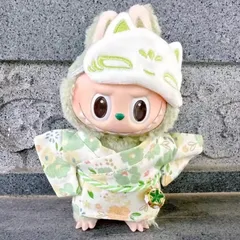 Labubu（ラブブ）ぬいぐるみ 服 和風お祭り 着物風コスチューム 緑 グリーン アニマル帽子付き 着せ替え衣装  ぬい服 撮影 ポップマート スカルパンダ ディズニー  ぬいぐるみペンダント ハブアシート コカコーラ マカロン エナジー　商品No.19