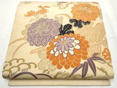 平和屋着物▼アンティーク　大正ロマン　丸帯　駒刺繍　草花文　引き抜き帯　正絹　逸品　CABB9439hy