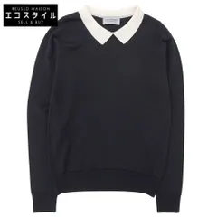 JOHN SMEDLEY ジョンスメドレー 新品同様 メリノウール バイカラー クレリックニットポロ 長袖トップス レディース ブラック×アイボリー S S