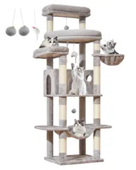 【特価商品】多段猫タワー 多頭飼い 3つの広めの猫ハウス 大型猫用 9本の爪とぎ柱 キャットタワー 豪華な猫ハンモック+バスケット付 キャットタワー MS034W 高さ180cm ライトグレー Taoqimiao