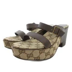 グッチ GUCCI サンダル GGキャンバス 36 レザー 茶 ブラウン プラットフォーム 厚底 /FF ■GY18