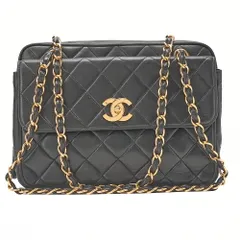 CHANEL シャネル　ラムスキン  マトラッセ　スクエア型　デカココ　Wチェーンショルダー　黒　 ゴールド金具　 デカココ ブランド【中古】【送料無料】