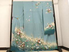 振袖 蝶 牡丹 菊 グラデーション 単衣振袖 正絹 213 水色御所車168cm 