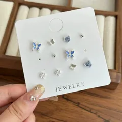 12点セット 青い蝶とローズモチーフピアス レディース 可愛い 花柄 フラワー 蝶 バタフライ 小ぶりピアス  まとめ買い おしゃれ アクセサリー ギフト