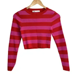 ザラ ZARA 美品 ニット セーター ボーダー 短丈 クロップド  S 赤 レッド ピンク 3519/102/944